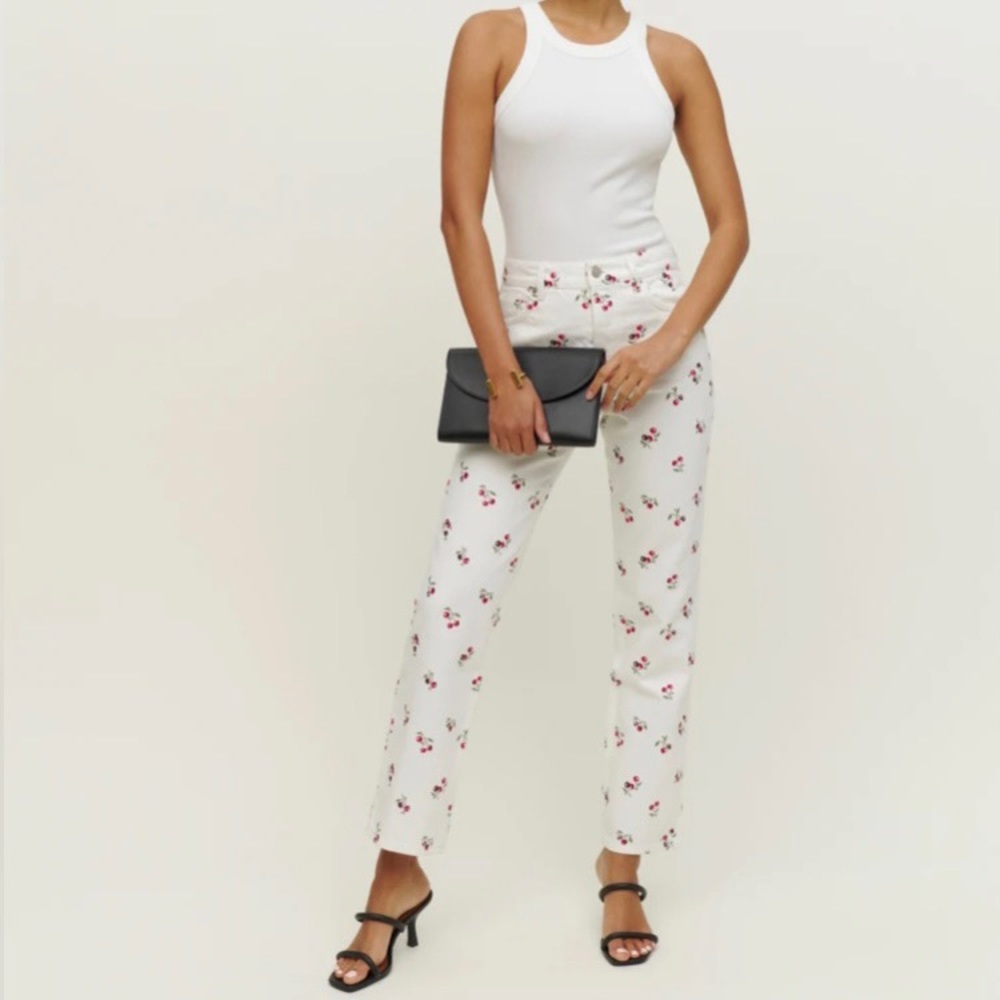 Reformation Cherries Embroidered High Waisted White Jeans sz 25